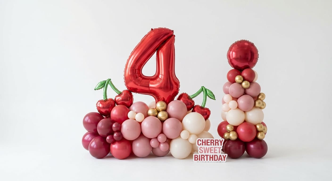 Cherry sweet theme red and pink birthday balloon tower with cherry accents