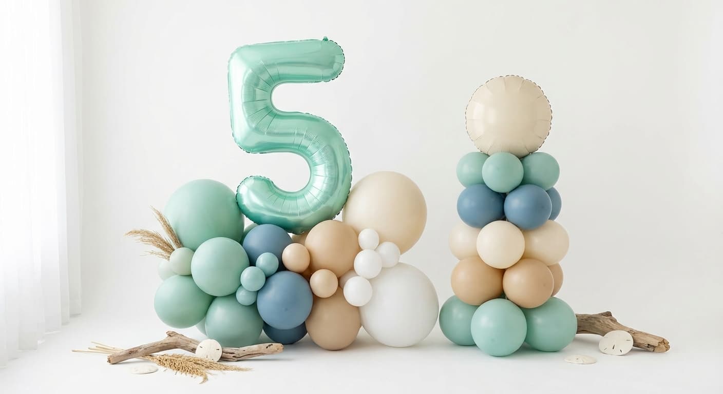 Coastal breeze seafoam blue and sand birthday balloon display