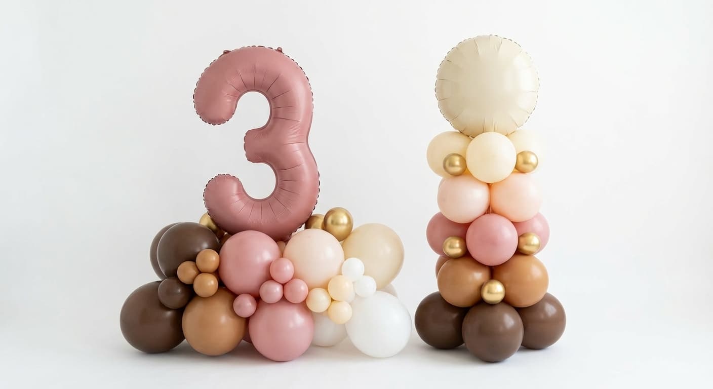 Neapolitan ice cream theme brown rose and cream birthday balloon display