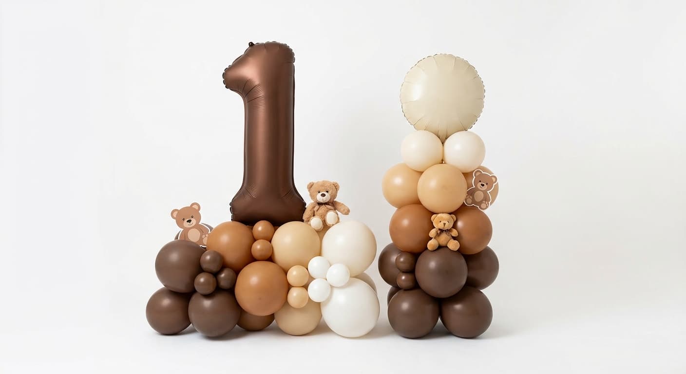 Teddy bear theme brown tonal birthday balloon column with bear accents