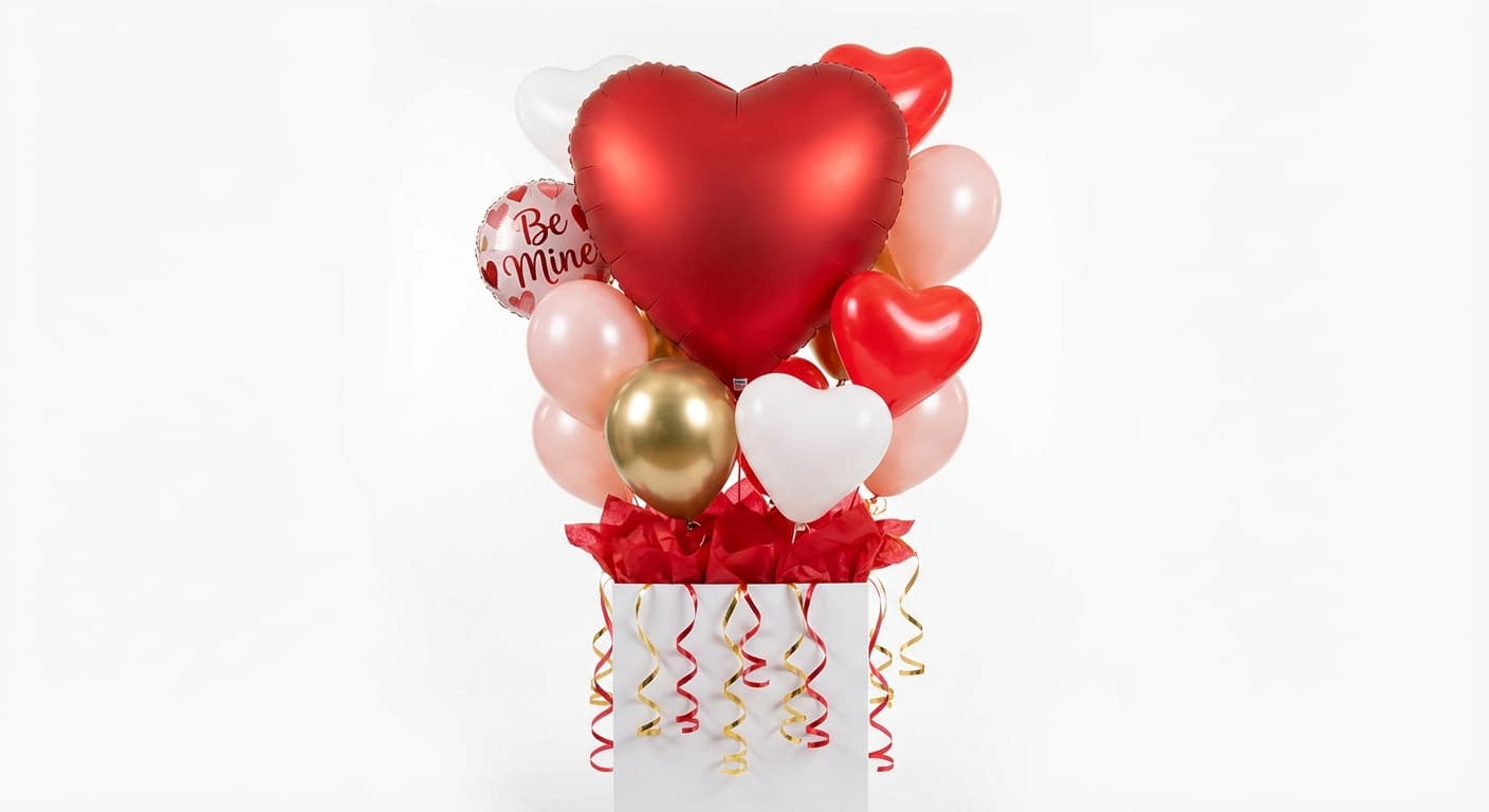 Classic Valentine's Be Mine balloon bouquet with red hearts and gold accents