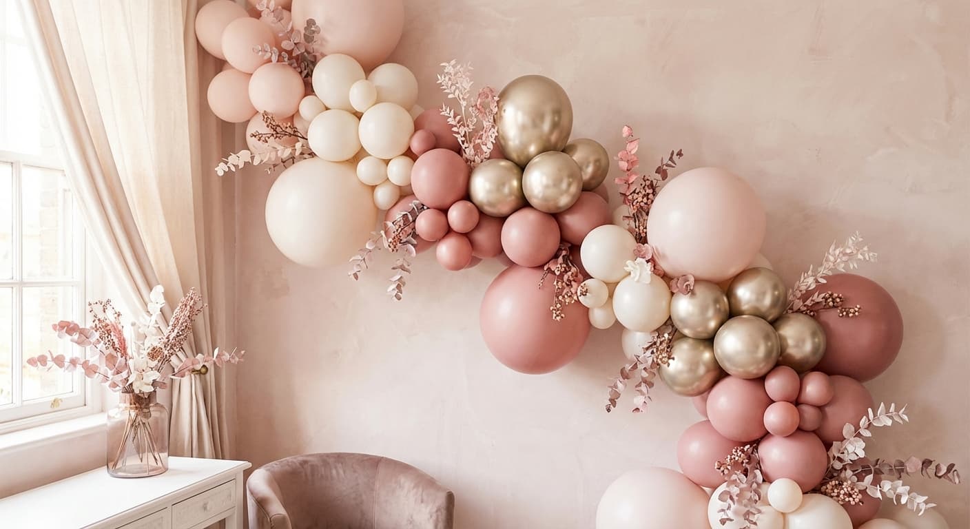 Blush pink and gold romantic Valentine's balloon garland with eucalyptus