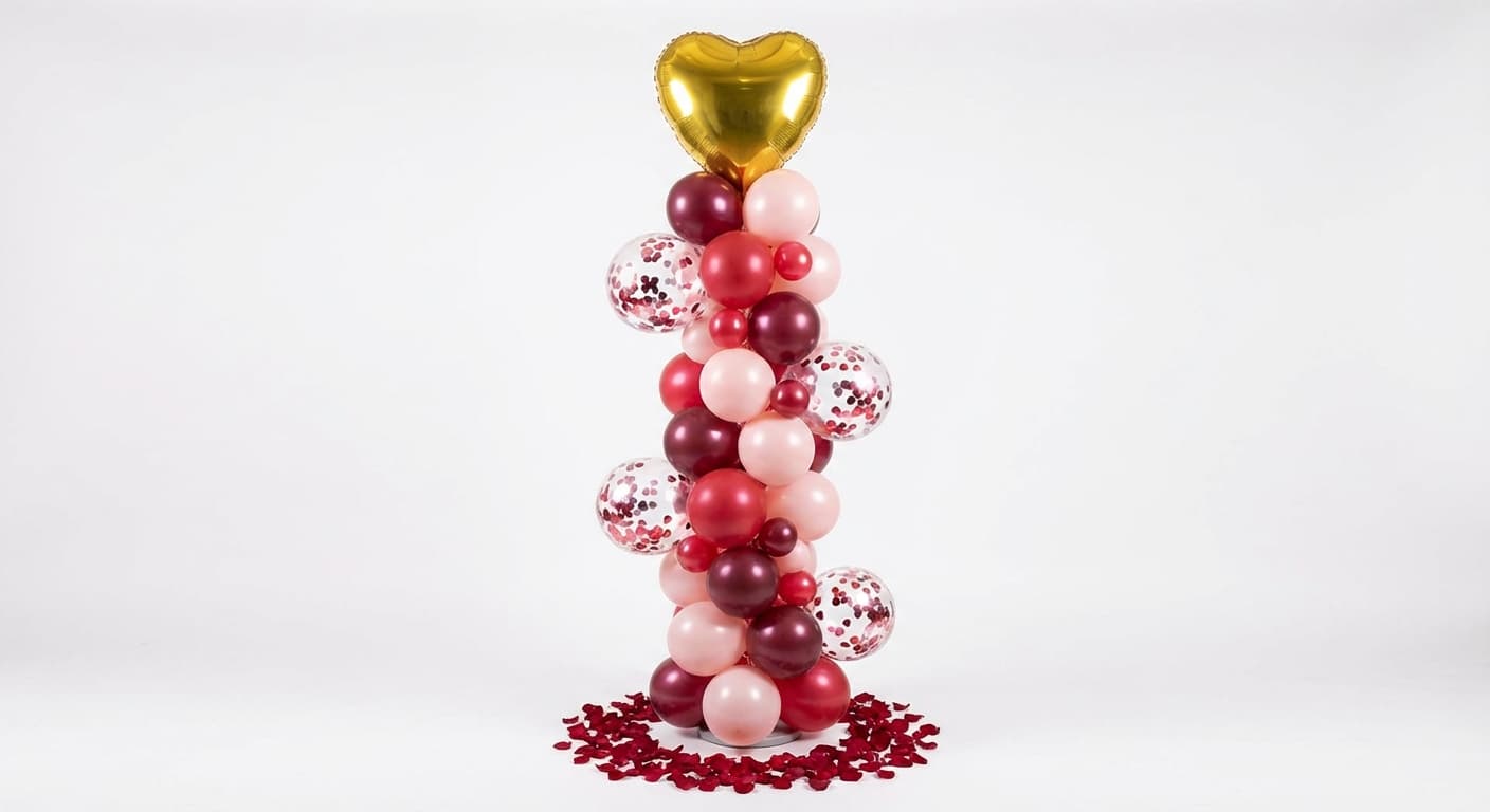 Crimson red Valentine's balloon tower with gold heart crown and confetti balloons