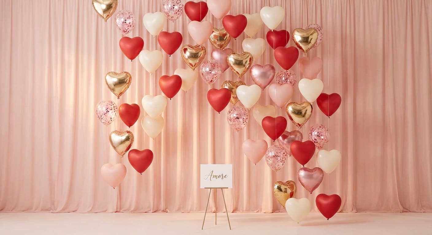 Heart cascade Valentine's balloon backdrop with suspended hearts in red pink and cream