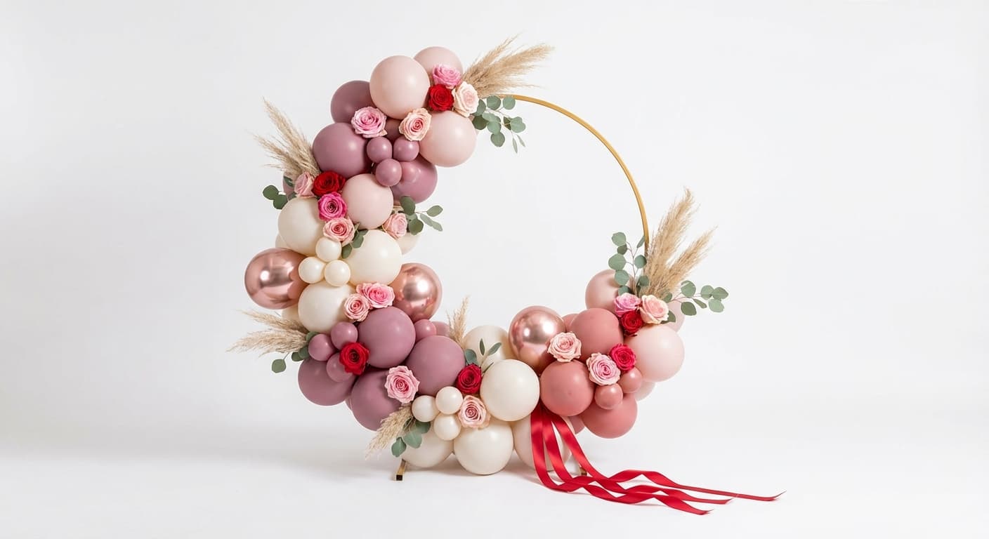 Valentine's balloon hoop wreath with roses pampas grass and blush pink balloons