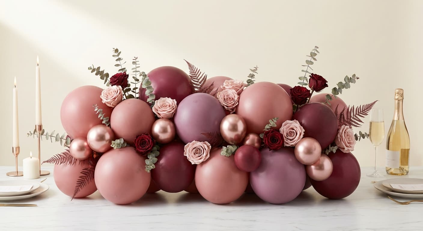 Rose garden tabletop balloon centerpiece with dried roses and dusty rose balloons