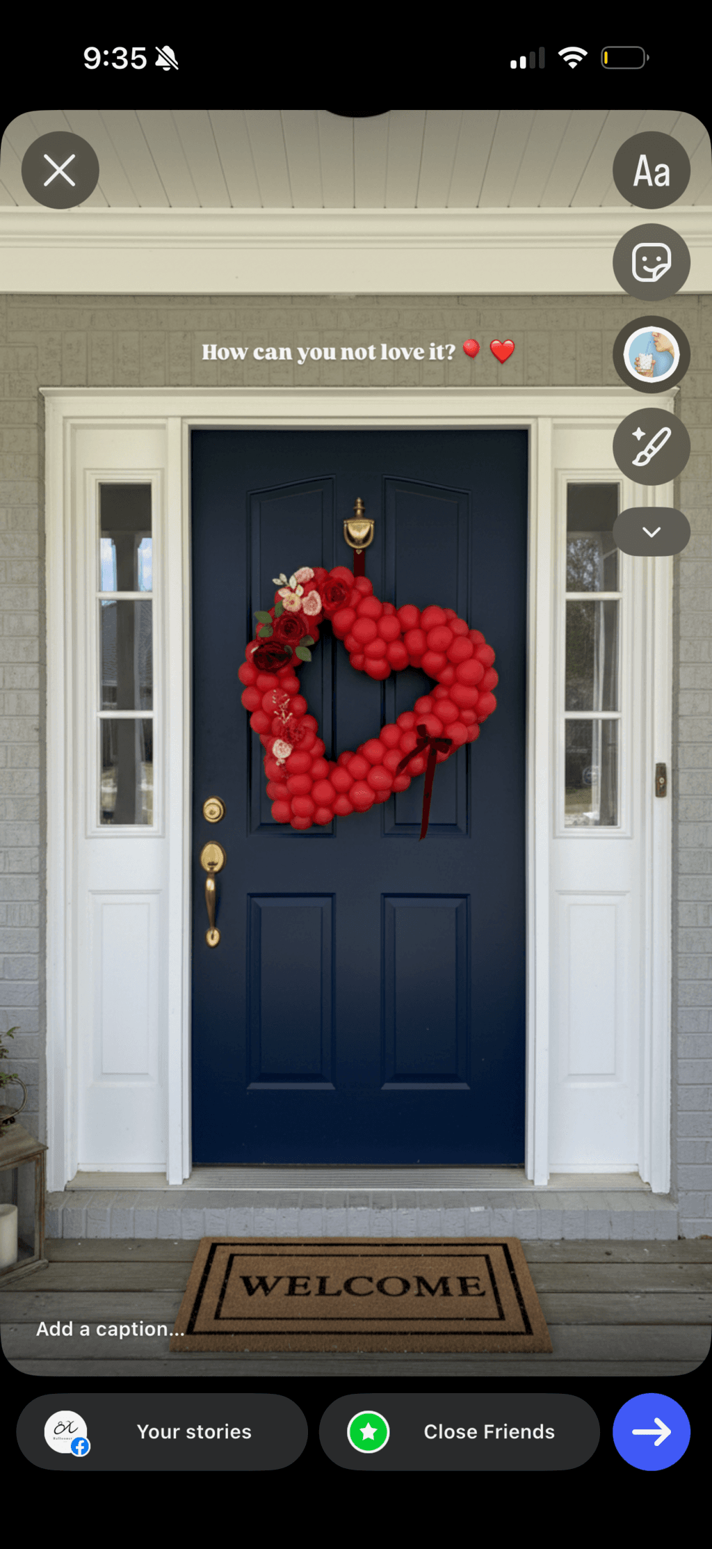 Heart-shaped Valentine's balloon wreath with red balloons on front door