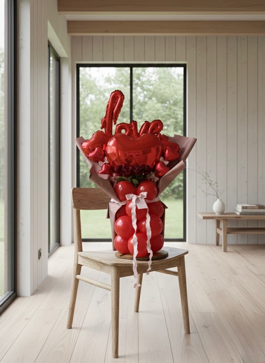 Red LOVE script balloon bouquet with heart balloons on chair
