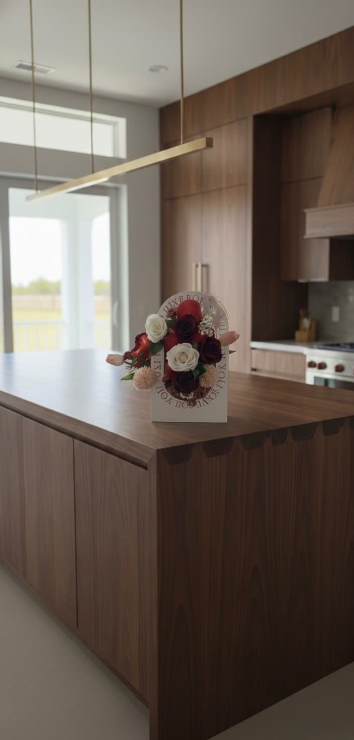 Fresh flower arrangement in kraft paper carrier on kitchen counter